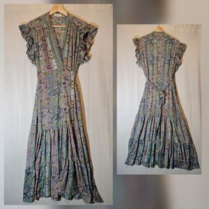Paani Maxi Dress True Wrap Ruffle Sleeve Bohemian Colorful Gold Accents Large